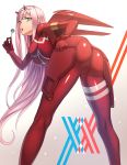  1girl bodysuit breasts candy darling_in_the_franxx eyebrows_visible_through_hair food green_eyes gwtm2288 highres horns large_breasts long_hair looking_at_viewer pink_hair red_suit skin_tight solo zero_two_(darling_in_the_franxx) 