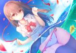  1girl animal bangs black_legwear blue_skirt blue_sky blurry blush bow bow_panties bowtie bra breasts brown_hair buttons closed_mouth clouds collared_shirt commentary_request day depth_of_field dripping eyebrows_visible_through_hair fish highres long_hair looking_at_viewer medium_breasts moe2018 original outdoors panties partially_submerged petals pink_bow pink_bra red_eyes red_neckwear red_ribbon ribbon school_uniform see-through shirt side-tie_panties skirt sky solo standing tatapopo thigh-highs underwear wading water wet wet_clothes wet_hair wet_shirt wet_skirt white_panties 