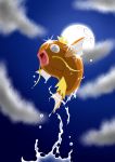  clouds commentary creature fish full_body full_moon looking_away looking_up magikarp moon night night_sky no_humans open_mouth pokemon pokemon_(creature) pokemon_(game) pokemon_rgby red_skin sky solo sparkle storytelleri water wet whiskers 