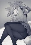  1girl :d animal_ears ass black_legwear blush dog_ears dog_tail eyebrows_visible_through_hair fang hair_bobbles hair_ornament highres inuyama_aoi jp06 kemonomimi_mode long_hair long_sleeves looking_at_viewer lying monochrome no_shoes on_side open_mouth panties panties_under_pantyhose pantyhose plaid plaid_skirt sailor_collar school_uniform side_ponytail skirt smile tail thick_eyebrows underwear yurucamp 