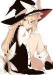  1girl bent_knees between_legs black_footwear black_skirt blonde_hair bow commentary_request eyes_visible_through_hair frilled_skirt frills full_body green_eyes hair_between_eyes hand_between_legs hat hat_bow kirisame_marisa knee_up long_hair looking_at_viewer ne_kuro open_mouth shirt shoes sitting skirt skirt_set socks solo touhou white_background white_bow white_legwear white_shirt witch_hat 