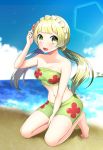  1girl :d barefoot beach between_legs bikini bikini_shorts blonde_hair blue_sky breasts character_request clouds collarbone floral_print green_bikini green_eyes hand_between_legs highres kneeling long_hair looking_at_viewer low_twintails medium_breasts midriff navel ocean open_mouth outdoors pokemon shorts sky smile solo stomach strapless strapless_bikini swimsuit twintails yuihiko 