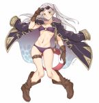  absurdres bikni boots breasts female_my_unit_(fire_emblem:_kakusei) fire_emblem fire_emblem:_kakusei fire_emblem_heroes full_body gloves highres long_hair looking_at_viewer mamkute my_unit_(fire_emblem:_kakusei) navel robe sunglasses swimsuit tecchen twintails white_background white_hair 