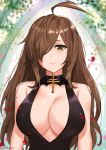  1girl ahoge black_dress breasts brown_hair choker cleavage dress hair_over_one_eye highres kono_subarashii_sekai_ni_shukufuku_wo! large_breasts latin_cross light_smile lips long_hair looking_at_viewer sendrawz solo twitter_username upper_body wiz_(konosuba) yellow_eyes 