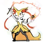  ;) braixen commentary creature fire flaming_skull hexed holding_stick legs_apart looking_at_viewer one_eye_closed orange_eyes pokemon pokemon_(creature) pokemon_(game) pokemon_xy shadow signature simple_background skull smile solo standing white_background 