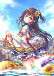  1girl ahoge bangs bird blue_sailor_collar blue_sky blush brown_eyes brown_hair clouds cloudy_sky commentary_request day dress dutch_angle eyebrows_visible_through_hair flower hair_between_eyes hair_flower hair_ornament hat head_tilt long_hair looking_at_viewer looking_back moe2018 nemuri_nemu original parted_lips puffy_short_sleeves puffy_sleeves rainbow sailor_collar sailor_dress short_sleeves skirt_hold sky solo straw_hat sunflower sunlight very_long_hair wading water white_dress yellow_flower 