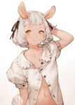  1girl animal_ears black_ribbon commentary hair_ribbon hand_behind_head highres junwool looking_at_viewer navel open_clothes open_shirt original partially_unbuttoned puffy_short_sleeves puffy_sleeves ribbon sheep sheep_ears shirt short_hair short_sleeves simple_background solo stomach upper_body white_background white_hair white_shirt yellow_eyes 