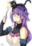  1girl absurdres anemone_(flower_knight_girl) animal animal_on_head apron artist_request bare_shoulders blush bunny_hair_ornament cat cat_on_head commentary_request dated detached_sleeves flower flower_knight_girl hair_flower hair_ornament highres looking_up on_head purple_hair sketch upper_body violet_eyes white_background 