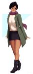  1girl ankle_boots black_hair boots breasts commentary commission dark_skin facial_tattoo full_body green_eyes highres long_coat looking_to_the_side mole original pencil_skirt razalor ribbed_sweater scar scarf simple_background skirt solo sweater tattoo winter_clothes 
