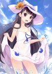  1girl :d animal_hat bangs black_hair blue_sky blunt_bangs braid cat_hat closed_eyes clouds collarbone cowboy_shot day dress fang flat_chest flower food french_braid fruit gluteal_fold hat hat_flower highres kureha_(angelite) long_hair looking_at_viewer moe2018 motion_blur navel one-piece_tan open_mouth original outdoors red_eyes see-through skirt_hold sky sleeveless sleeveless_dress smile solo splashing standing straight_hair strap_slip sundress sunflower tan tanline tareme very_long_hair watermelon wet wet_clothes wet_dress white_hat 