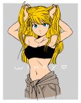  1girl arms_up bare_arms bare_shoulders blonde_hair blue_eyes character_name earrings expressionless eyebrows_visible_through_hair frame fullmetal_alchemist grey_background hand_in_hair heart highres jewelry long_hair looking_at_viewer navel simple_background solo_focus standing white_background winry_rockbell 