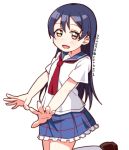  1girl bangs blue_hair blush commentary_request hair_between_eyes long_hair looking_at_viewer love_live! love_live!_school_idol_project open_mouth school_uniform serafuku simple_background skull573 smile solo sonoda_umi white_background yellow_eyes younger 