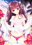  1girl black_hair blurry_foreground brown_hair clouds collarbone dress hair_ribbon highres long_hair looking_at_viewer moe2018 off-shoulder_dress off_shoulder original outdoors ribbon see-through sky smile solo standing violet_eyes water wet wet_clothes white_dress yuka_(mischief) 
