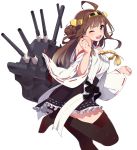  1girl ;d ahoge bare_shoulders blush boots brown_hair commentary_request detached_sleeves double_bun hairband headgear high_heels japanese_clothes kantai_collection kongou_(kantai_collection) long_hair looking_at_viewer lunch_(lunch3) nontraditional_miko one_eye_closed open_mouth ribbon-trimmed_sleeves ribbon_trim simple_background skirt smile solo thigh-highs thigh_boots white_background 