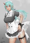  1girl aqua_eyes aqua_hair ariverkao breasts cowboy_shot frills glasses gradient gradient_background horn large_breasts lips long_hair looking_to_the_side maid maid_headdress original parted_lips solo thigh_strap twintails wrist_cuffs 