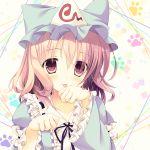  1girl :3 :p abstract_background animal_hat bangs blue_hat cat_hat closed_mouth eyebrows_visible_through_hair frilled_shirt_collar frilled_sleeves frills hat long_sleeves looking_at_viewer medium_skirt mob_cap moi_(licoco) paw_pose paws pink_hair ribbon-trimmed_collar ribbon_trim saigyouji_yuyuko smile solo tareme tongue tongue_out touhou triangular_headpiece upper_body violet_eyes wide_sleeves 
