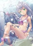  1girl air_bubble bangs bare_arms bare_legs bare_shoulders barefoot bikini blush bow braid breasts bubble commentary_request doonatsu. dutch_angle eyebrows_visible_through_hair green_eyes hair_bow looking_at_viewer moe2018 navel original parted_lips pink_bow single_braid small_breasts solo swimsuit underwater upper_teeth white_bikini 