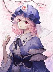  1girl artist_request bent_elbow blue_bow blue_kimono bow branch breasts cherry_blossoms closed_mouth commentary_request curly_hair eyelashes frilled_bow frills hat highres japanese_clothes kimono light_smile lips looking_at_viewer mob_cap momoshita_moka neck neck_ribbon obi petals pink_hair red_eyes ribbon ribbon-trimmed_collar ribbon_trim saigyouji_yuyuko sash short_hair solo touhou triangular_headpiece upper_body veil 