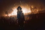  1girl backlighting bangs blurry bokeh coat commentary_request cowboy_shot depth_of_field fur_trim hand_in_pocket hayami_kanade highres idolmaster idolmaster_cinderella_girls light_particles looking_at_viewer monochrome parted_bangs partially_unzipped rain ryokucha_manma sepia short_hair solo 