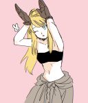  1girl :o arms_up bangs bare_arms bare_shoulders blonde_hair blue_eyes eyebrows_visible_through_hair fullmetal_alchemist gloves long_hair looking_up navel one_eye_closed open_mouth pink_background ponytail rabbit simple_background solo_focus tank_top very_long_hair winry_rockbell 