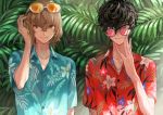 2boys adjusting_eyewear akechi_gorou amamiya_ren bangs black_hair blue_shirt brown_eyes brown_hair buttons closed_mouth collarbone collared_shirt day eyebrows_visible_through_hair eyewear_on_head fern floral_print hawaiian_shirt jewelry leaf looking_at_viewer male_focus multiple_boys necklace outdoors persona persona_5 pink-tinted_glasses red_shirt sawa2 shirt smile sunglasses wing_collar yellow-tinted_glasses