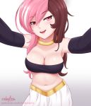  1girl :d android_21 baggy_pants bare_shoulders blush bracelet breasts brown_eyes brown_hair cleavage collarbone cosplay cslucaris dragon_ball dragon_ball_fighterz eyebrows_visible_through_hair eyelashes half-closed_eyes harem_pants heterochromia jewelry long_hair looking_at_viewer majin_android_21 majin_android_21_(cosplay) medium_breasts midriff multicolored_hair navel neo_(rwby) open_mouth outstretched_arms pants patreon_username pink_eyes pink_hair rwby seductive_smile shiny shiny_skin shorts simple_background smile solo strapless tubetop two-tone_hair white_background 