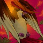  beak bird clenched_hands clouds commentary flying full_body leaf looking_away lowres no_humans pidgeot pokemon pokemon_(game) pokemon_rgby profile rock-bomber sky solo twilight 