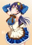  1girl armpits arms_behind_head arms_up bangs blue_hair blush commentary_request cowboy_shot detached_sleeves eyebrows_visible_through_hair hair_between_eyes highres kyuusenbinore_(gavion) long_hair looking_at_viewer love_live! love_live!_school_idol_project open_mouth simple_background skirt smile solo sonoda_umi star yellow_eyes 