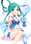  1girl absurdres altaria asymmetrical_legwear blue_eyes blush breasts collar collarbone crop_top eyebrows_visible_through_hair floating_hair green_hair high_ponytail highres long_hair looking_at_viewer lucia_(pokemon) medium_breasts midriff navel pokemon short_shorts shorts simple_background sleeveless smile solo stomach striped striped_legwear thigh-highs twintails white_background white_shorts wrist_cuffs yuihiko 