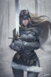  1girl armor armored_dress blonde_hair blue_eyes breasts closed_mouth gloves highres holding holding_sword holding_weapon juniu21 long_hair original solo standing sword weapon 