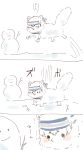  3koma animal_ears animalization blush_stickers closed_eyes comic fox fox_ears fox_tail headband itomugi-kun jumping kamoi_(kantai_collection) kantai_collection no_humans shaking smile snow snowman tail tearing_up trapped white_background 