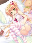 1girl arisue_tsukasa ass babydoll blonde_hair bow breasts cleavage cropped_feet cup cupcake eyebrows_visible_through_hair food green_eyes hair_bow large_breasts long_hair looking_at_viewer lying on_side original pillow red_bow shiny shiny_hair side_ponytail smile solo striped striped_legwear stuffed_animal stuffed_bunny stuffed_toy tea teacup thigh-highs 