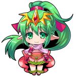  1girl bracelet cape chibi chiki circlet dress fire_emblem fire_emblem:_mystery_of_the_emblem green_eyes green_hair hair_ornament jewelry long_hair makokb mamkute pink_dress pink_legwear pointy_ears ponytail short_dress side_slit simple_background solo tiara 