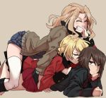  3girls blonde_hair bomber_jacket boots braid brown_eyes brown_hair closed_eyes darjeeling french_braid jacket kay_(girls_und_panzer) kuromorimine_military_uniform long_hair multiple_girls nishizumi_maho ree_(re-19) saunders_school_uniform short_hair st._gloriana&#039;s_military_uniform tan_background thigh-highs white_legwear 