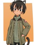  :3 animal_ears bangs bike_shorts black_hair cat_ears cat_tail closed_mouth dark_skin emblem fankupl highres jacket kullamas_blengkam looking_at_viewer military military_uniform short_hair shorts solo strike_witches sweater tail uniform world_witches_series 