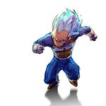  1boy armor blue_eyes blue_hair boots clenched_hand dragon_ball dragon_ball_super dragonball_z fighting_stance frown gloves highres looking_away male_focus outstretched_arms serious shaded_face shadow short_hair simple_background spiky_hair super_saiyan_blue supobi vegeta white_background 