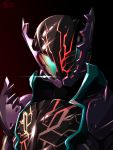  1boy aqua_eyes armor artist_name black_background commentary_request diffraction_spikes full_armor glowing gradient gradient_background helmet highres kamen_rider kamen_rider_build_(series) kamen_rider_rogue male_focus pauldrons red_background solo tei-o tokusatsu upper_body 