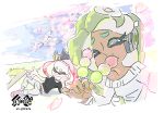 2girls casual cephalopod_eyes crown dango dark_skin eating food green_hair hanami inoue_seita logo lying marina_(splatoon) mole mole_under_mouth multiple_girls official_art on_side pearl_(splatoon) pink_hair sanshoku_dango shirt splatoon splatoon_2 t-shirt tentacle_hair v wagashi