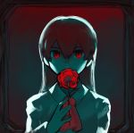  1girl ascot covered_mouth flower glowing glowing_eyes hair_between_eyes hand_up holding holding_flower ib ib_(ib) idk-kun long_sleeves looking_at_viewer red_eyes red_flower red_neckwear red_rose redhead rose solo upper_body 