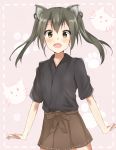  :d animal_ears brown_skirt cat_ears commentary green_eyes green_hair highres japanese_clothes kantai_collection long_hair looking_at_viewer open_mouth pink_background remodel_(kantai_collection) shun_(syun_y1117) simple_background skirt smile twintails zuikaku_(kantai_collection) 