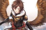  1boy armor brown_hair elbow_gloves gloves granblue_fantasy hsiao image_sample looking_up male_focus red_eyes sandalphon_(granblue_fantasy) short_hair twitter_sample wings 