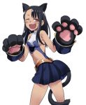  1girl 774_(nanashi) ;d animal_ears bare_shoulders black_hair blush breasts brown_eyes cat_ears cat_paws cat_tail dark_skin fang gloves ijiranaide_nagatoro-san long_hair looking_at_viewer nagatoro one_eye_closed open_mouth paw_gloves paws simple_background smile tail white_background 