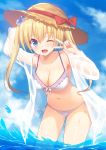 1girl ;d arm_up bangs bikini blonde_hair blue_eyes blue_sky breasts cleavage clouds collarbone commentary_request day eyebrows_visible_through_hair hair_between_eyes hair_bobbles hair_ornament hat highres jacket leaning_forward long_hair long_sleeves looking_at_viewer medium_breasts moe2018 ocean one_eye_closed open_clothes open_jacket open_mouth original outdoors rennkuu side-tie_bikini sky smile solo straw_hat sun_hat swimsuit twintails v_over_eye water wet_jacket white_bikini white_jacket 