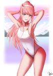  1girl absurdres aqua_eyes armpits arms_behind_head breasts commentary darling_in_the_franxx fang hairband highres horns ichikawayan long_hair mountainous_horizon ocean open_mouth pink_hair ponytail sky straight_hair swimsuit white_hairband zero_two_(darling_in_the_franxx) 