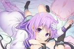  2girls absurdres bed black_hair bomhat breasts commentary d-pad d-pad_hair_ornament dress elbow_gloves female_pov fingerless_gloves gloves hair_ornament hand_holding head_out_of_frame highres huge_filesize interlocked_fingers long_hair looking_at_another looking_up lying multiple_girls nepgear neptune_(series) out_of_frame pillow pov purple_hair sailor_dress small_breasts smile socks striped striped_legwear uni_(choujigen_game_neptune) violet_eyes yuri 