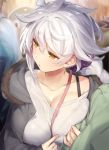  1girl alternate_costume arm_grab black_bra blush bra braid breast_press breasts collarbone contemporary eyebrows_visible_through_hair hair_between_eyes kantai_collection large_breasts long_hair looking_to_the_side open_mouth out_of_frame outdoors outside_border scrunchie shirt silver_hair single_braid tareme underwear unryuu_(kantai_collection) upper_body very_long_hair white_shirt yamaarashi yellow_eyes 