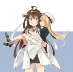 2girls :d ahoge annin_musou bare_shoulders black_skirt blonde_hair brown_hair commentary detached_sleeves hairband hat headgear highres japanese_clothes jervis_(kantai_collection) kantai_collection kongou_(kantai_collection) long_hair multiple_girls nontraditional_miko open_mouth pleated_skirt ribbon-trimmed_sleeves ribbon_trim short_sleeves skirt smile violet_eyes white_hat wide_sleeves 