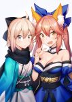  2girls ahoge ahri_(ari_30305) animal_ears bare_shoulders black_bow black_scarf bow breasts cleavage detached_sleeves fang fate/grand_order fate_(series) fox_ears fox_tail hair_bow hair_ribbon japanese_clothes kimono large_breasts looking_at_viewer multiple_girls obi okita_souji_(fate) open_mouth pink_hair ribbon sash scarf sheath short_kimono simple_background sleeveless sleeveless_kimono tail tamamo_(fate)_(all) tamamo_no_mae_(fate) white_background white_kimono yellow_eyes 
