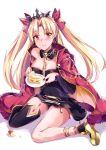  1girl asymmetrical_legwear asymmetrical_sleeves bangs bare_shoulders black_collar black_dress black_legwear blonde_hair bow breasts cake cape closed_mouth collarbone commentary_request crying crying_with_eyes_open detached_collar dress earrings ereshkigal_(fate/grand_order) eyebrows_visible_through_hair fate/grand_order fate_(series) food fur-trimmed_cape fur_trim hair_bow head_tilt highres holding holding_plate infinity jewelry konka long_hair long_sleeves medium_breasts parted_bangs plate red_bow red_cape red_eyes shoes single_sleeve single_thighhigh sitting skull slice_of_cake solo spine strapless strapless_dress tears thigh-highs tiara two_side_up very_long_hair wariza white_background 