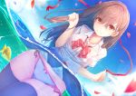  1girl animal bangs black_legwear blue_skirt blue_sky blurry blush bow bow_panties bowtie bra breasts brown_hair buttons closed_mouth clouds collared_shirt commentary_request day depth_of_field dripping eyebrows_visible_through_hair fish highres long_hair looking_at_viewer medium_breasts moe2018 original outdoors panties partially_submerged petals pink_bow pink_bra red_eyes red_neckwear red_ribbon revision ribbon school_uniform see-through shirt side-tie_panties skirt sky solo standing tatapopo thigh-highs underwear wading water wet wet_clothes wet_hair wet_shirt wet_skirt white_panties 